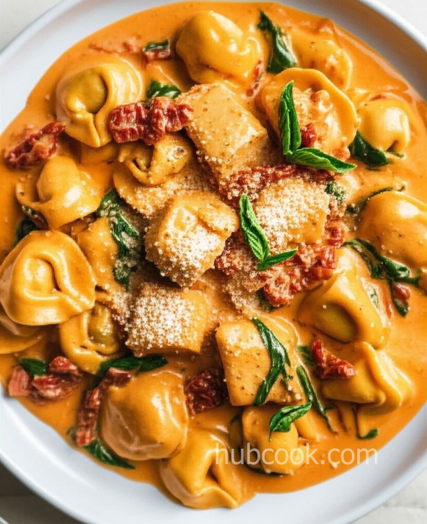 Cheese Tortellini with Creamy Tomato and Spinach Sauce