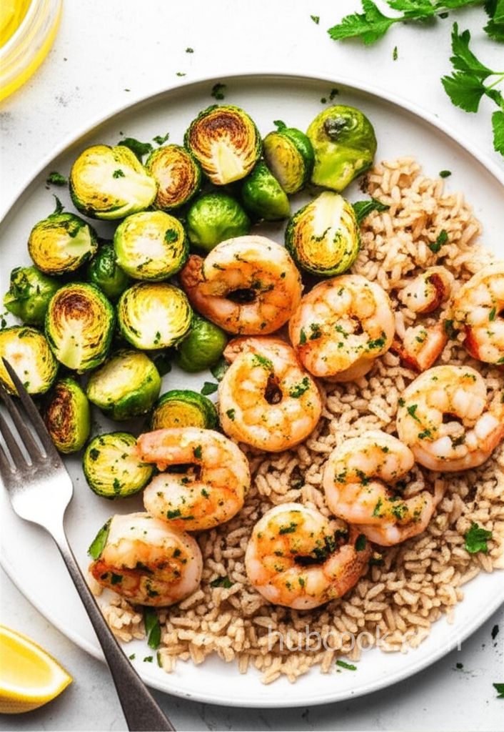 Lemon Garlic Shrimp with Roasted Brussels Sprouts and Brown Rice